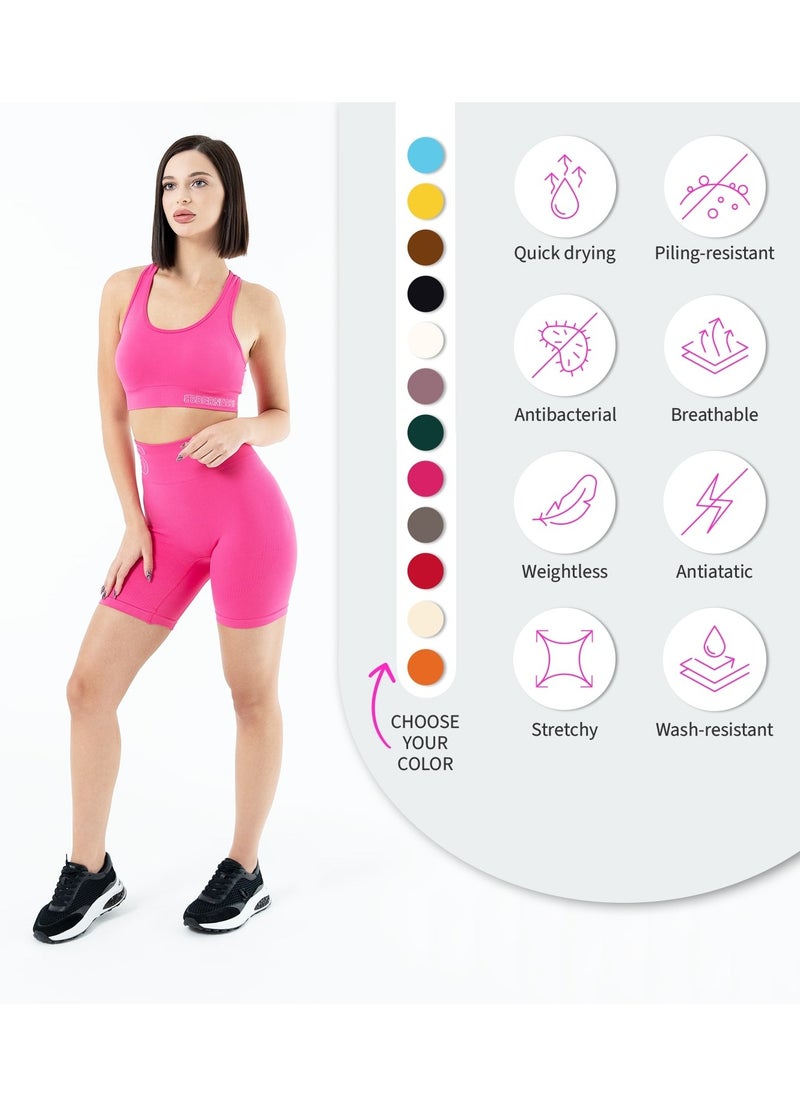 Bernessi Turkiye Nylon Women High Waisted Biker Shorts Sport Legging Shorts Workout Cycling Athletic Running Yoga Gym Volleyball for Ladies with Tummy Control Magenta Pink  - Image 5