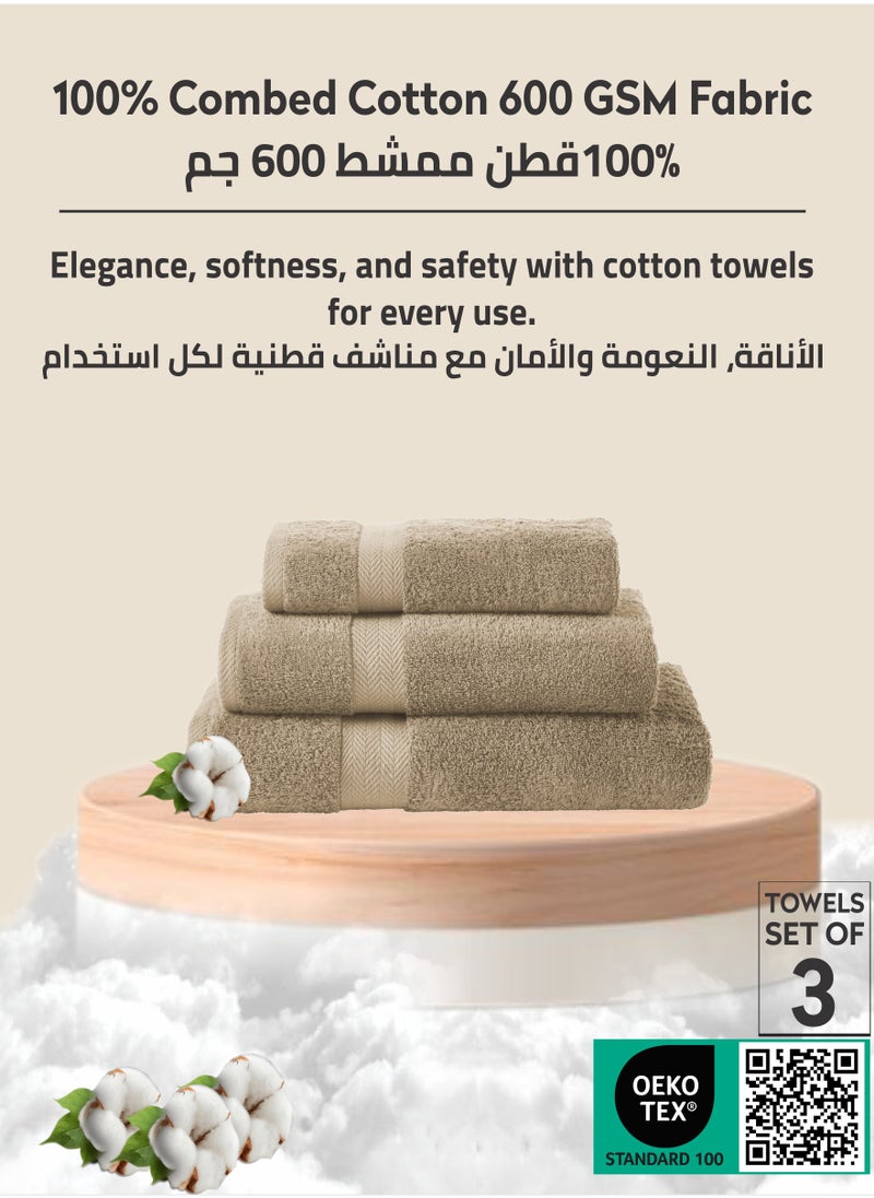Donetella Premium Towel 3-Pcs Set, 100% Combed Cotton 600 GSM, Highly Absorbent, Quick Dry Towel Set Include 1 Bath Towel, 1 Bath Sheet, 1 Hand Towel, Best Set for Bathroom Gym, Hotel And Spa,Light Beige  - Image 3