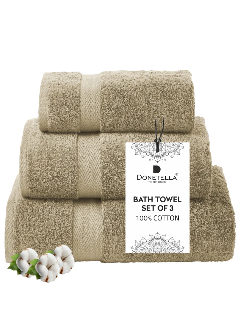 Donetella Premium Towel 3-Pcs Set, 100% Combed Cotton 600 GSM, Highly Absorbent, Quick Dry Towel Set Include 1 Bath Towel, 1 Bath Sheet, 1 Hand Towel, Best Set for Bathroom Gym, Hotel And Spa,Light Beige