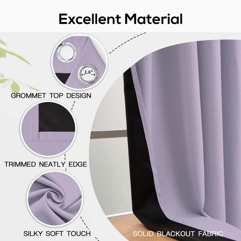 Yakamok 100% Blackout Window Curtain Panels for Bedroom, Heat and Full Light Blocking Drapes with Black Liner for Nursery, Thermal Insulated Solid Grommet Panels for Living Room, 38Wx63L, Light Purple - Image 4