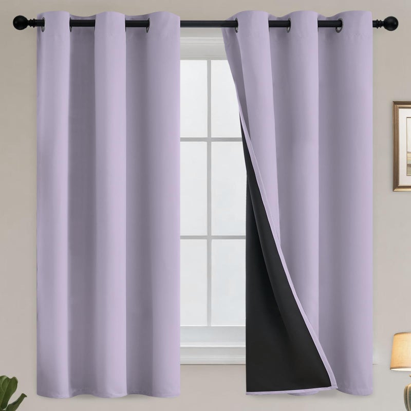 Yakamok 100% Blackout Window Curtain Panels for Bedroom, Heat and Full Light Blocking Drapes with Black Liner for Nursery, Thermal Insulated Solid Grommet Panels for Living Room, 38Wx63L, Light Purple - Image 1