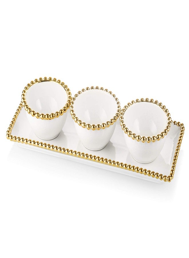 Classic Touch Decorium White Porcelain 3 Bowl Relish Dish and Tray with Gold Beaded Design on Edge-Measure: 14.5" L - Image 1