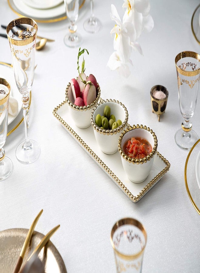 Classic Touch Decorium White Porcelain 3 Bowl Relish Dish and Tray with Gold Beaded Design on Edge-Measure: 14.5" L - Image 4