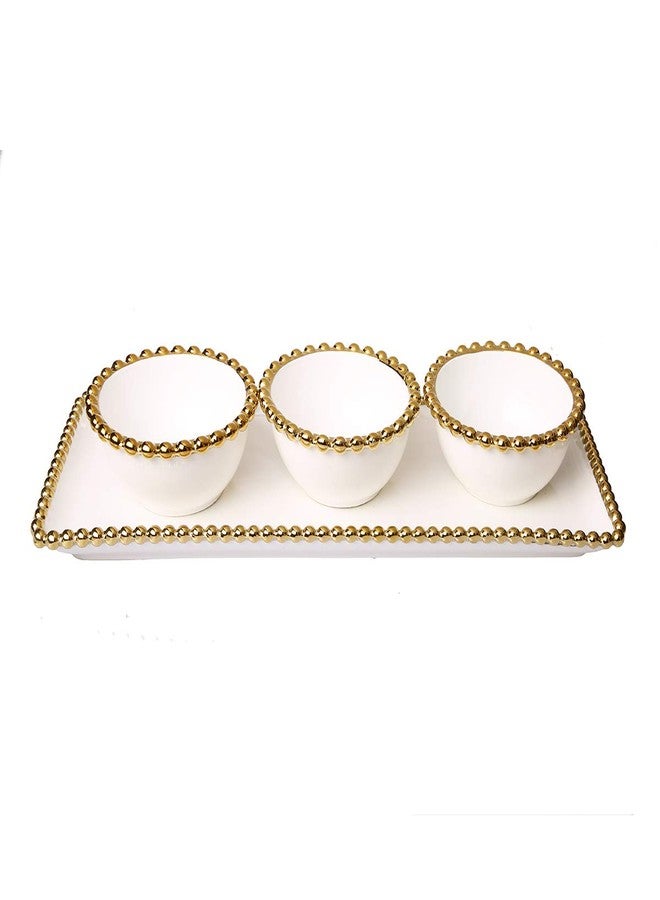 Classic Touch Decorium White Porcelain 3 Bowl Relish Dish and Tray with Gold Beaded Design on Edge-Measure: 14.5" L - Image 3