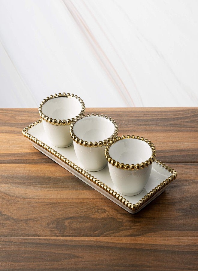 Classic Touch Decorium White Porcelain 3 Bowl Relish Dish and Tray with Gold Beaded Design on Edge-Measure: 14.5" L - Image 2