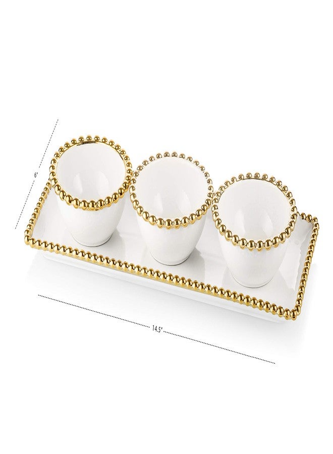 Classic Touch Decorium White Porcelain 3 Bowl Relish Dish and Tray with Gold Beaded Design on Edge-Measure: 14.5" L - Image 5