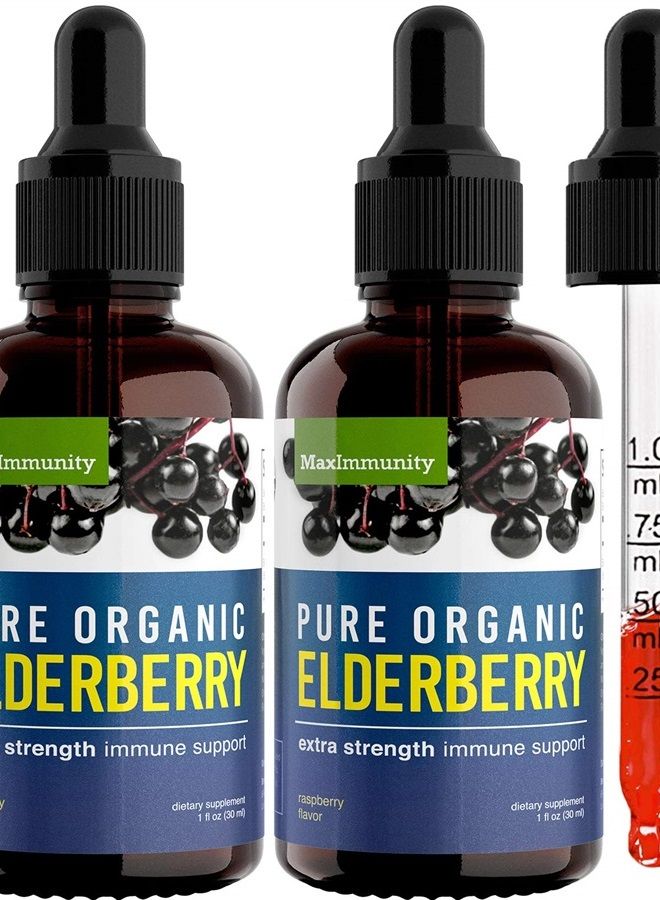 MaxImmunity Organic Elderberry Syrup, 60 Day Supply, Black Elderberry Liquid Drops for Immune Support, Sambucus Elderberry Syrup - Liquid Extract Drops for Kids & Adults - Extra Strength (2 Pack) - Image 1