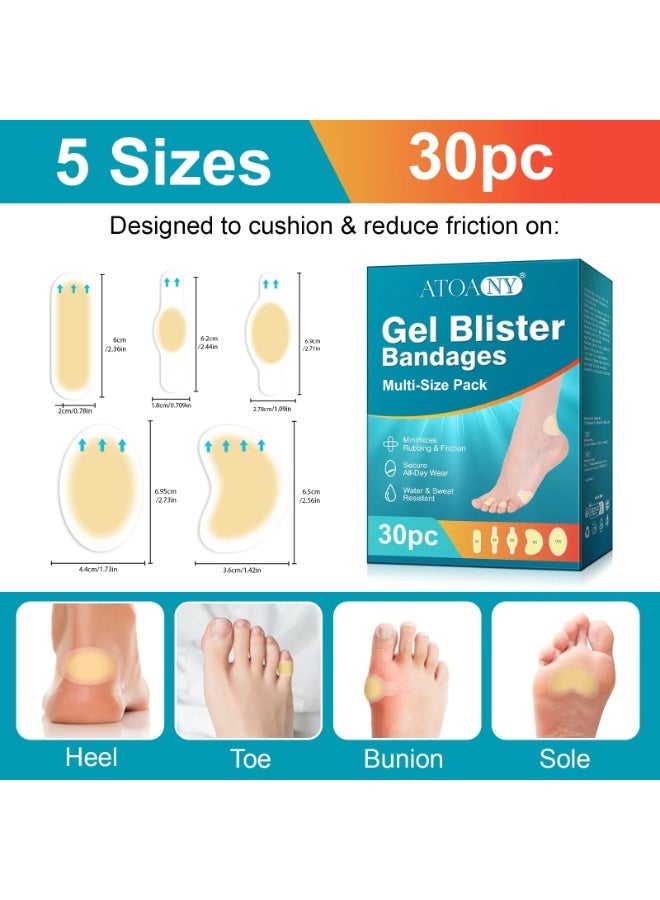 ATOANY 30Pcs Gel Blister Bandages, Hydrocolloid Gel Blister Bandages Pads, Waterproof Adhesive Blisters Bandages, Blister Cushions, Reduce Rubbing & Friction, Gel Blister Cushions for Prevention & Recovery - Image 2