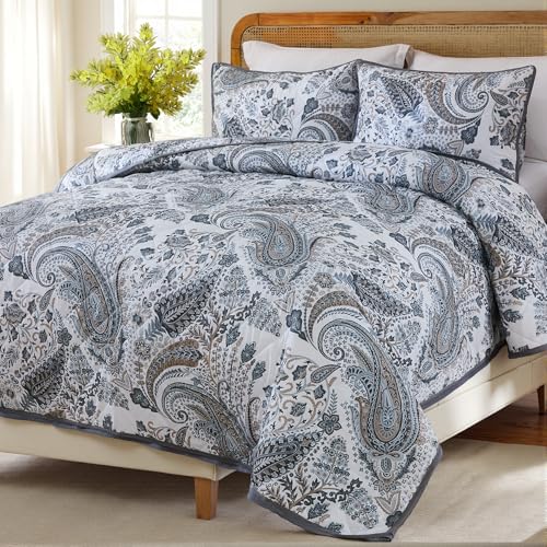 Cozaline 100% Cotton Quilt Sets King Grey Paisley Bedding Sets 3 Pcs Reversible Coverlet Bedspread Paisley Floral Bedspread for All Season, Lightweight, Ultra Soft - Image 3