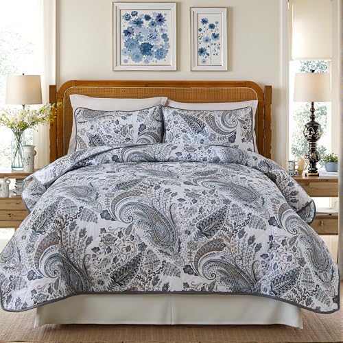 Cozaline 100% Cotton Quilt Sets King Grey Paisley Bedding Sets 3 Pcs Reversible Coverlet Bedspread Paisley Floral Bedspread for All Season, Lightweight, Ultra Soft - Image 2