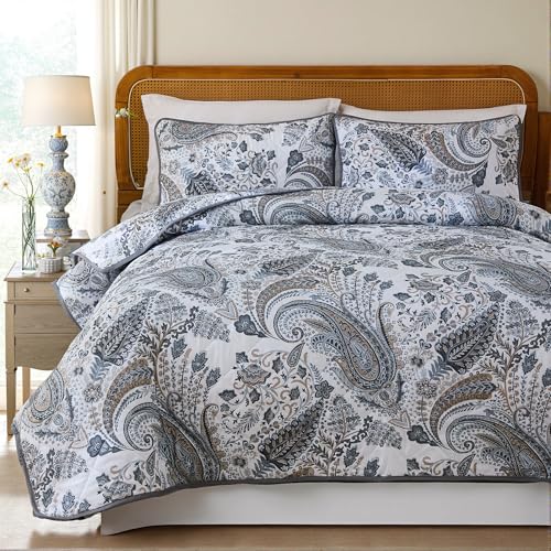 Cozaline 100% Cotton Quilt Sets King Grey Paisley Bedding Sets 3 Pcs Reversible Coverlet Bedspread Paisley Floral Bedspread for All Season, Lightweight, Ultra Soft - Image 1