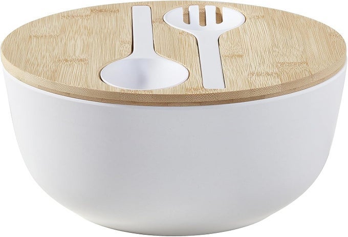 BAMBOO FIBER SALAD BOWL SET WITH LID SERVERS 4QT LARGE SERVING BOWL WITH BAMBOO LID 130OZ MIXING BOWL WITH SPOON FORK FOR SALAD FRUITS VEGETABLES AND PASTA WHITE 98INCH