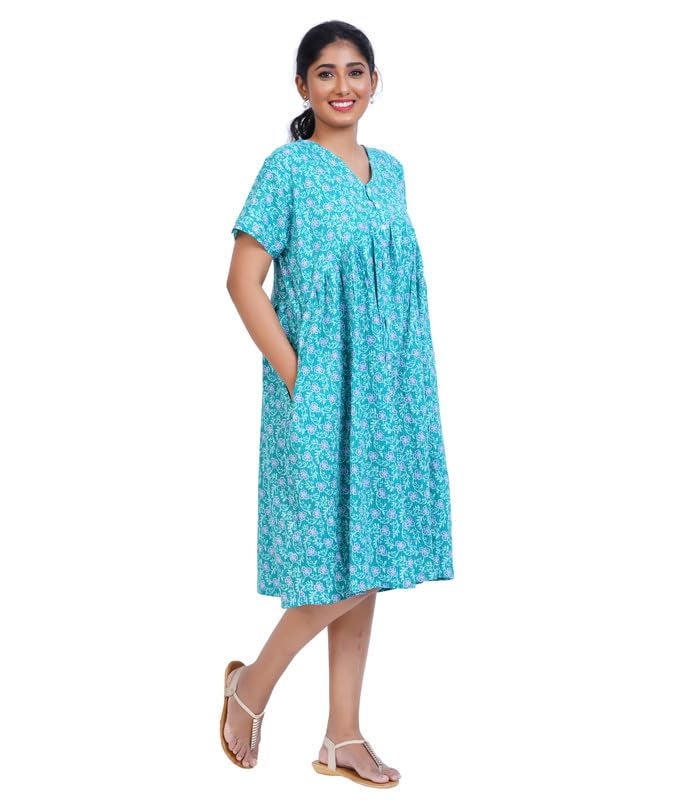 MENMAII Women's Pleated/AliaCut (L to 4XL)- Front Open/Button Down/Maternity/Feeding/Elderly/Hospital Use Short Length Dress -[RamaGreen ] - Image 4