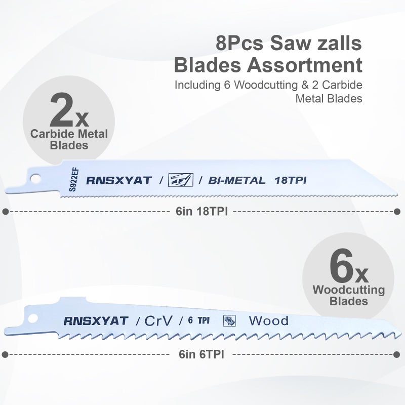 RNSXYAT 8PCS Reciprocating Saw Blades for Wood Pruning, Including Premium 6Pcs Woodcutting & 2Pcs Carbide Metal Blade with Storage Case (6in 6TPI + 6in18TPI) by RNSXYAT - Image 2