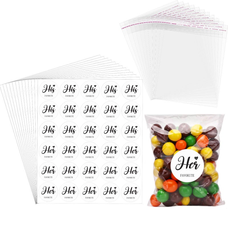 AIOMOB 100 Set His Her Favorite Stickers Candy Bags Wedding Favor Stickers 4x6 Inches Self Sealing Cellophane Bags for Wedding Favor Labels Guest Welcome Bag Stuffers Bulk - Image 1