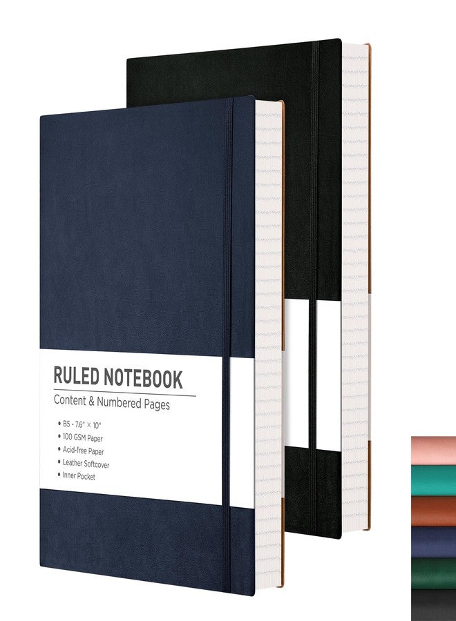RETTACY Lined Journal Notebook, 2-Pack, 204 Numbered Pages per Pack, B5 Medium 7.6" × 10", Leather Softcover, 100 GSM Thick Paper, for Writing, Work, School (Black & Navy Blue) - Image 1