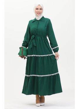 Sefa Merve Pompom Belted Dress 0482-04 Emerald Green  - Image 1