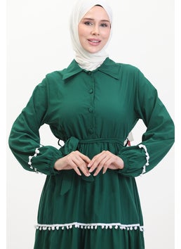 Sefa Merve Pompom Belted Dress 0482-04 Emerald Green  - Image 4