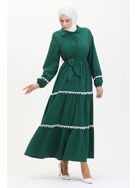 Sefa Merve Pompom Belted Dress 0482-04 Emerald Green  - Image 3