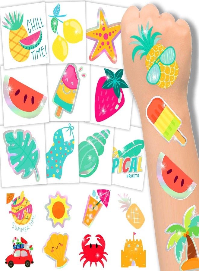 winthrop 120 Pcs Summer Temporary Tattoos for Kids, Metallic Foil Bronzing Style, Individually Wrapped Safety Waterproof Tattoos, Best Choice for Hawaiian Pool Beach Party Matching Game, 60 Designs - Image 1