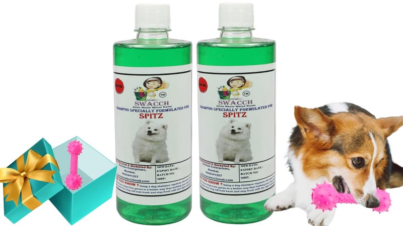 swacch Spitz Dog Shampoo + Dumbbell Toy I Durable Rubber Dog Toy for Chewing I Playing,Teeth Cleaning & Training Toy I Combo Pack I 500ml Pack of 2 Neem Alovera - Image 1