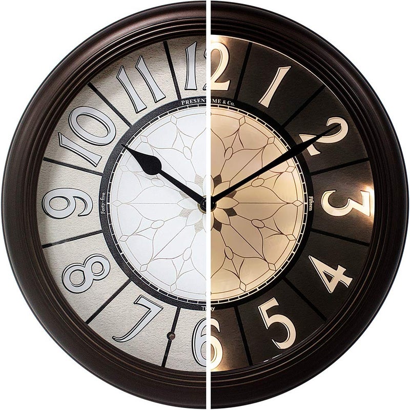 Presentime  Co 126 Illuminated Farmhouse Wall Clock Silent Battery Operated Night Light Wall Clock with Smart LED Sensor for Living Room Bathroom Kitchen Home Office Oil Rubbed Bronze Finish