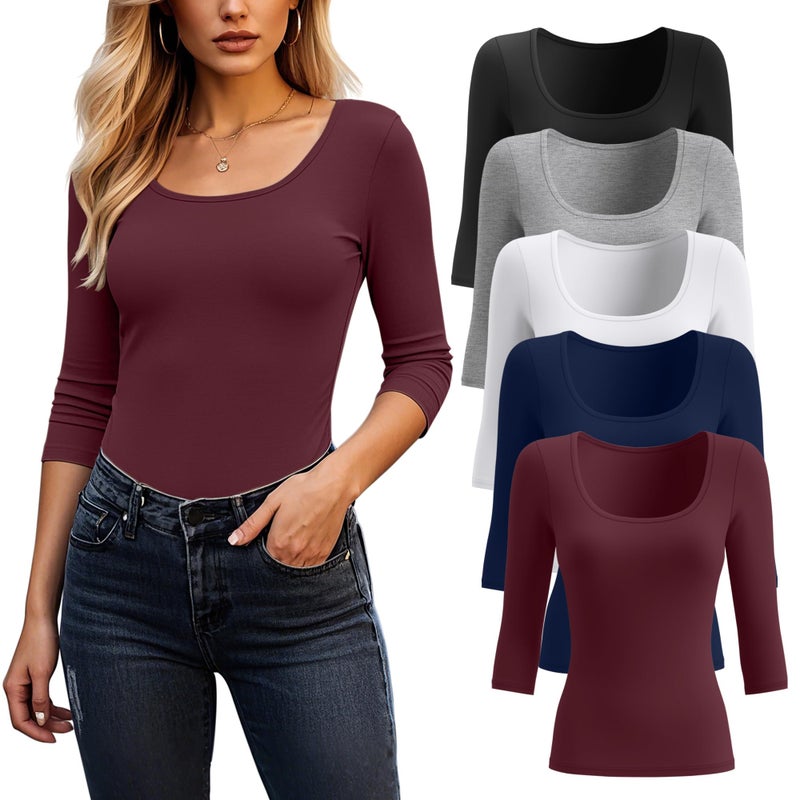 Riyiper 5 Pack Womens 34 Sleeve Shirts Cotton Scoop Neck Tops Slim Fit Stretchy Basic T Shirts Casual Athletic TeesWine Navy White Light Grey BlackLarge