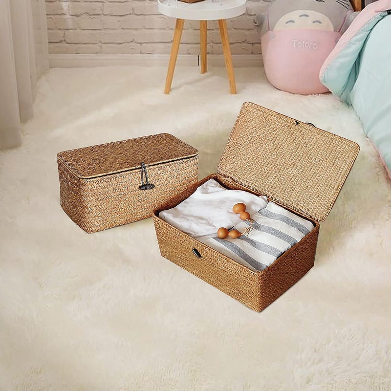 Esoes Wicker Storage Basket Woven Rattan Storage Box With Lids Seagrass Laundry Baskets Makeup Organizer For Bathroom, Living Room, Kitchen (S) - Image 3