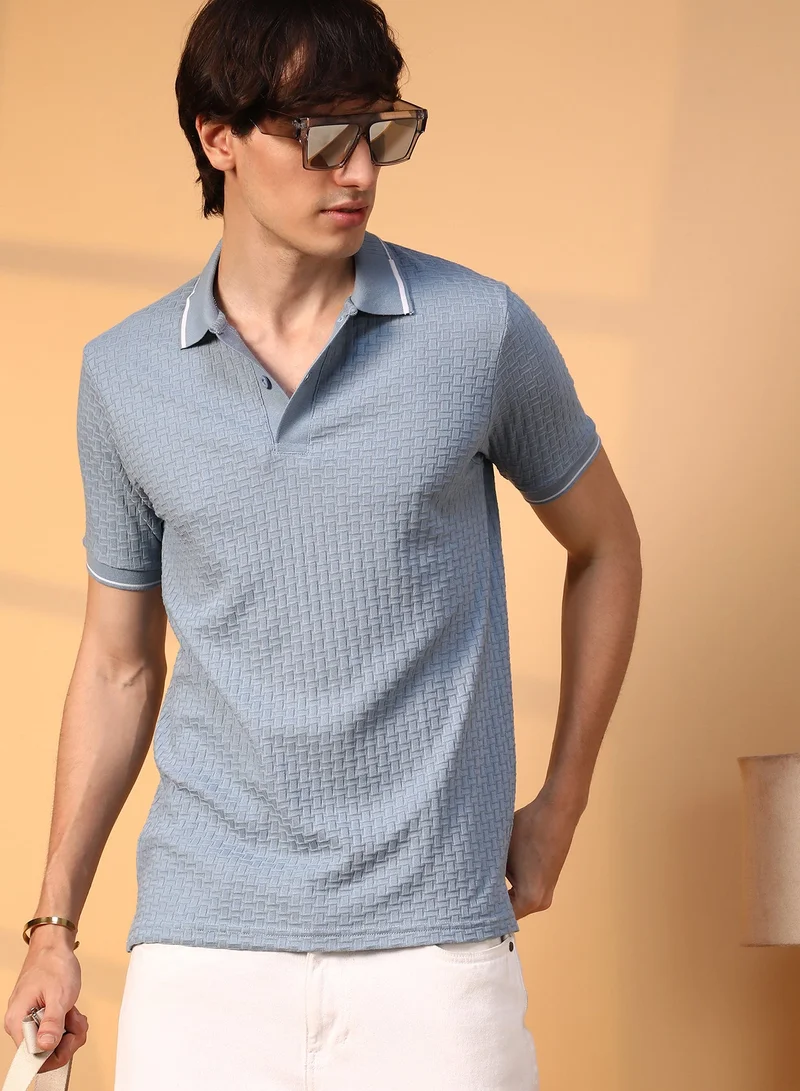 Campus Sutra Men's Powder Blue Interweave-Textured Polo T-Shirt For Casual Wear | Polo Neck | Short Sleeve | Half-Button Closure | T-Shirt Crafted With Comfort Fit For Everyday Wear