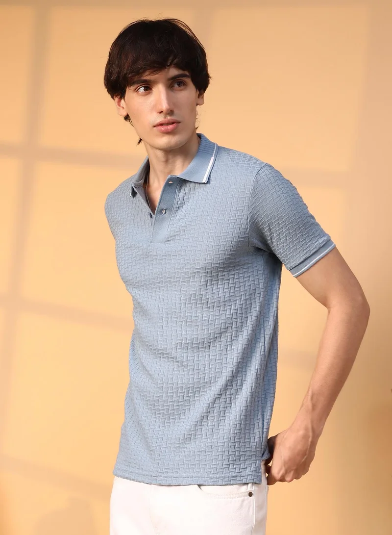 Campus Sutra Men's Powder Blue Interweave-Textured Polo T-Shirt For Casual Wear | Polo Neck | Short Sleeve | Half-Button Closure | T-Shirt Crafted With Comfort Fit For Everyday Wear