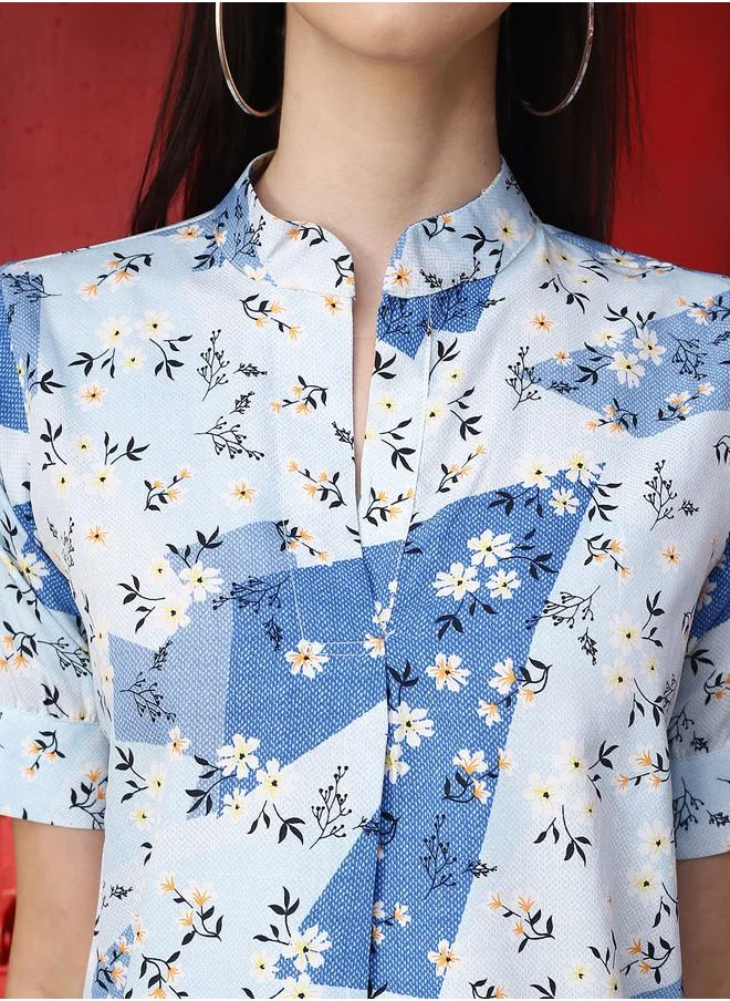 Sera Floral Print Mandarin Collar Top with Short Sleeves by Styli