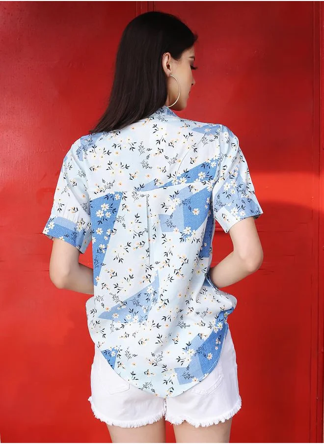 Sera Floral Print Mandarin Collar Top with Short Sleeves by Styli