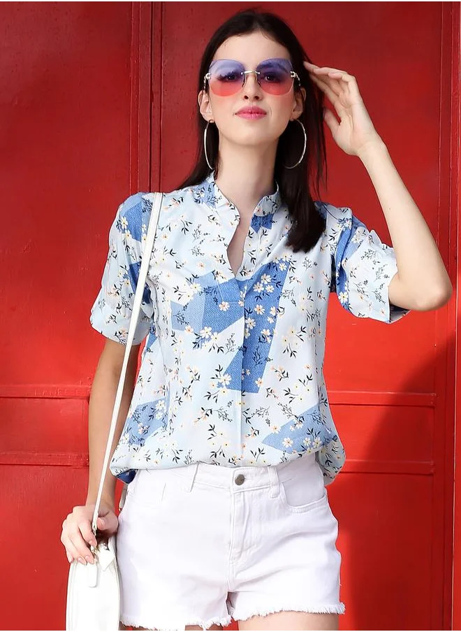 سيرا Floral Print Mandarin Collar Top with Short Sleeves