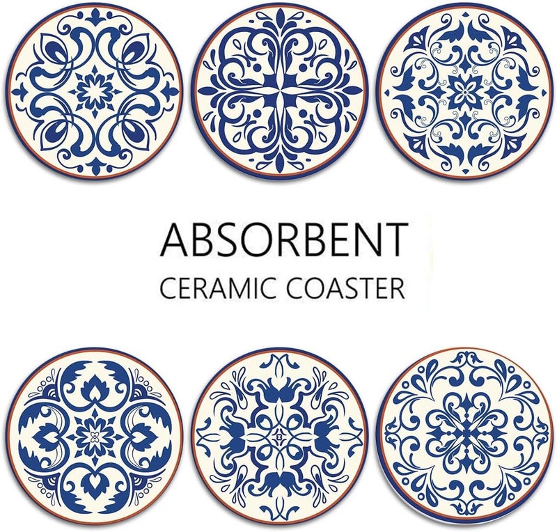 Bribay Coaster for Drinks Set of 6, Blue Vintage Spanish Ceramic Floral Absorbent Round Ceramic Stone Mat, with Cork Base and Metal Holder, Gift for Housewarming Room Bar Decor - Image 4
