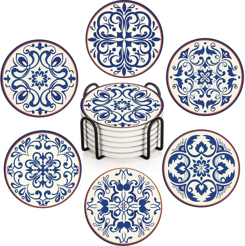 Bribay Coaster for Drinks Set of 6, Blue Vintage Spanish Ceramic Floral Absorbent Round Ceramic Stone Mat, with Cork Base and Metal Holder, Gift for Housewarming Room Bar Decor - Image 1