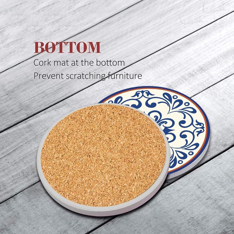 Bribay Coaster for Drinks Set of 6, Blue Vintage Spanish Ceramic Floral Absorbent Round Ceramic Stone Mat, with Cork Base and Metal Holder, Gift for Housewarming Room Bar Decor - Image 2