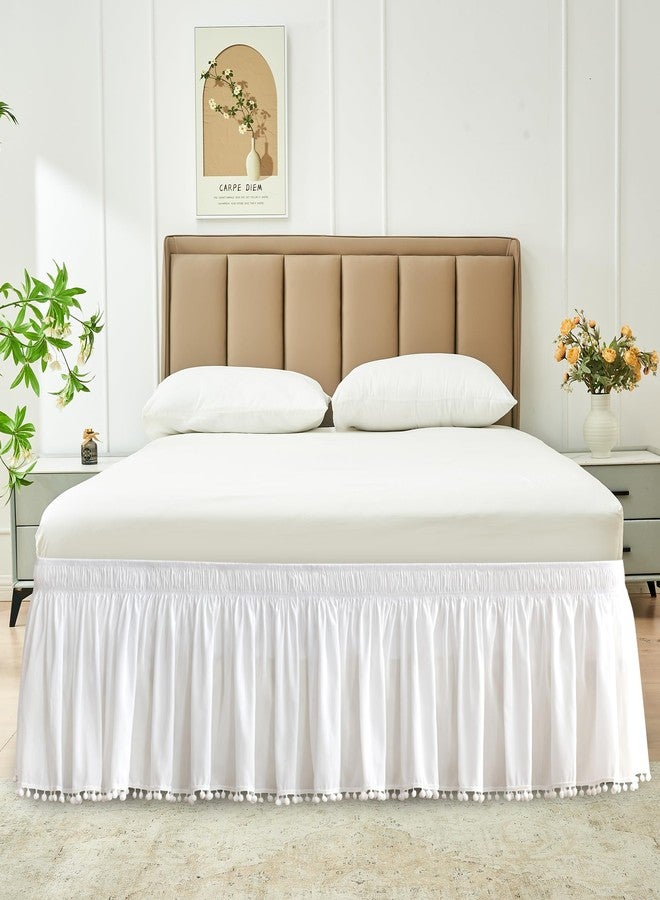Biscaynebay Queen Bed Skirt 15 inch Drop-White Dust Ruffle Bedskirt with Pompoms-Wrap Around Bed Skirting Easy Fit Elastic Strap-Silky Luxurious Fabric Wrinkle Free-for Women Men Kids - Image 2