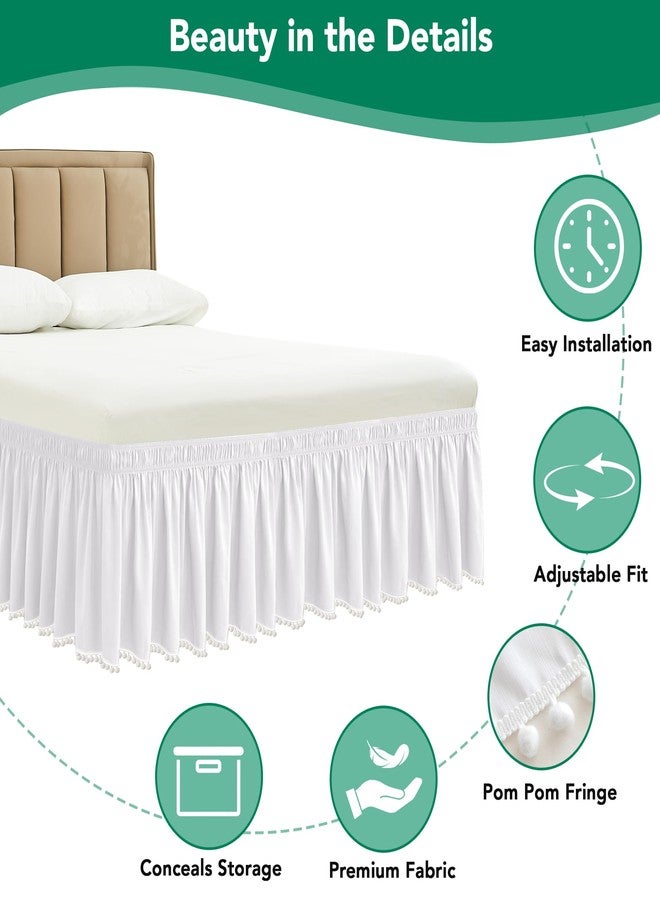 Biscaynebay Queen Bed Skirt 15 inch Drop-White Dust Ruffle Bedskirt with Pompoms-Wrap Around Bed Skirting Easy Fit Elastic Strap-Silky Luxurious Fabric Wrinkle Free-for Women Men Kids - Image 3