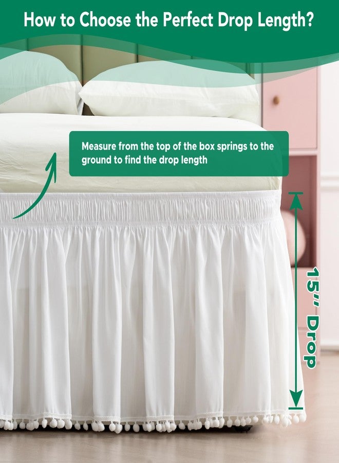 Biscaynebay Queen Bed Skirt 15 inch Drop-White Dust Ruffle Bedskirt with Pompoms-Wrap Around Bed Skirting Easy Fit Elastic Strap-Silky Luxurious Fabric Wrinkle Free-for Women Men Kids - Image 4