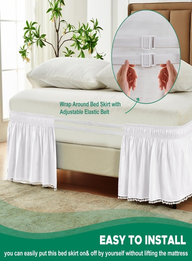 Biscaynebay Queen Bed Skirt 15 inch Drop-White Dust Ruffle Bedskirt with Pompoms-Wrap Around Bed Skirting Easy Fit Elastic Strap-Silky Luxurious Fabric Wrinkle Free-for Women Men Kids - Image 5