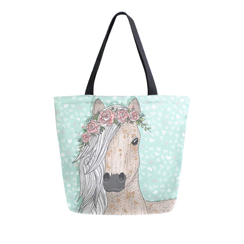 Naanle Naanle Floral Horse Canvas Tote Bag - Large Women's Casual Shoulder Handbag - Unicorn Reusable Multipurpose Heavy Duty Shopping Grocery Cotton Bag for Outdoors  - Image 1