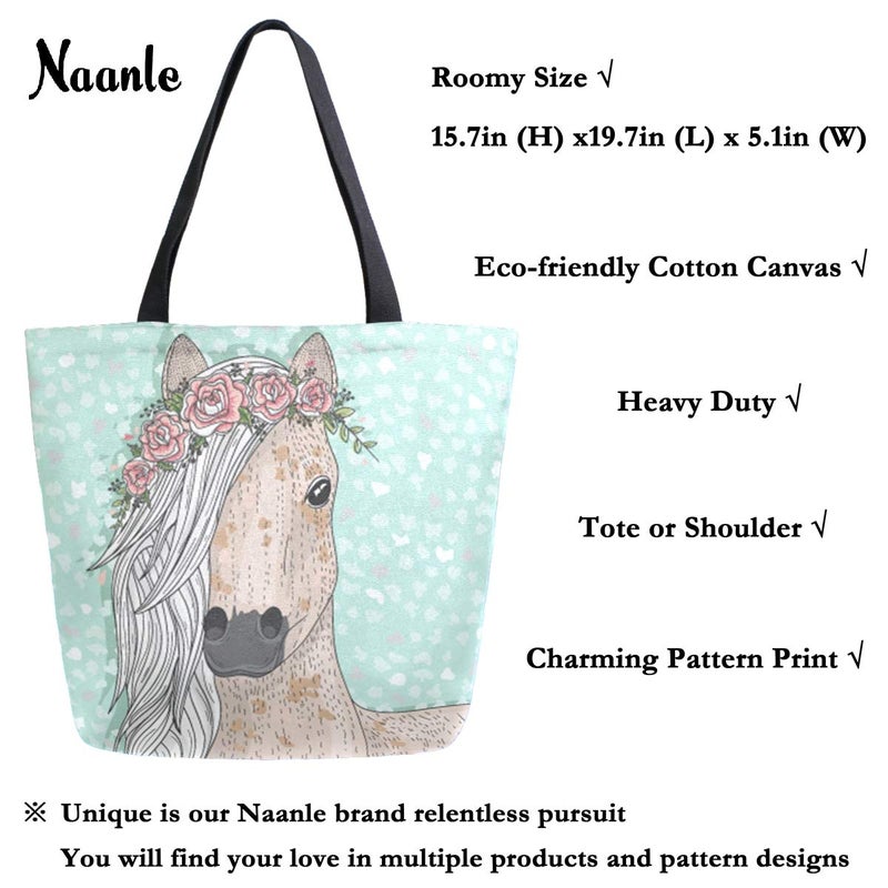 Naanle Naanle Floral Horse Canvas Tote Bag - Large Women's Casual Shoulder Handbag - Unicorn Reusable Multipurpose Heavy Duty Shopping Grocery Cotton Bag for Outdoors  - Image 2