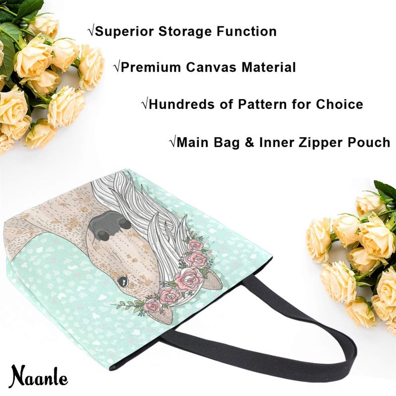Naanle Naanle Floral Horse Canvas Tote Bag - Large Women's Casual Shoulder Handbag - Unicorn Reusable Multipurpose Heavy Duty Shopping Grocery Cotton Bag for Outdoors  - Image 4
