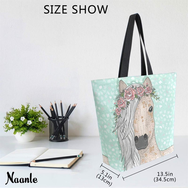 Naanle Naanle Floral Horse Canvas Tote Bag - Large Women's Casual Shoulder Handbag - Unicorn Reusable Multipurpose Heavy Duty Shopping Grocery Cotton Bag for Outdoors  - Image 5