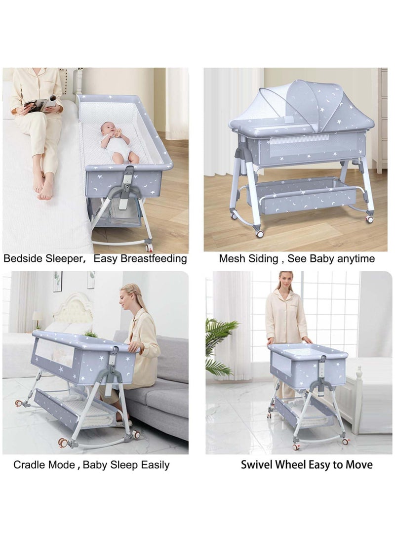 AUTOYSUR Baby Bassinet Bedside Sleeper with Mosquito Net and Storage Basket, 4 in 1 Baby Bedside Crib, Adjustable Height Rocking Bassinet, Movable Newborn Nursery Center for Newborns - Image 4