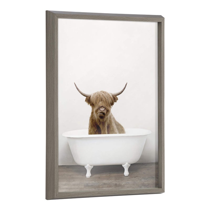 Kate and Laurel Kate and Laurel Blake Highland Cow in Tub Color Framed Printed Glass Wall Art by Amy Peterson Art Studio 18x24 Gray Farmhouse Inspired Animal Art for Wall 