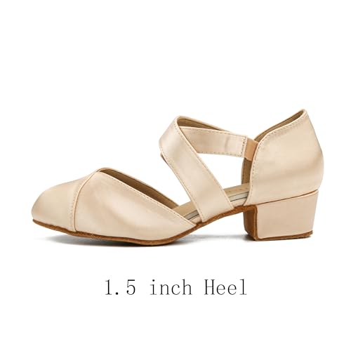 YYTing Women Swing Latin Ballroom Dance Shoes (Closed Toe, Suede Sole, Elastic Closure) 1.5 inch Heel YT26(8,Beige) - Image 4