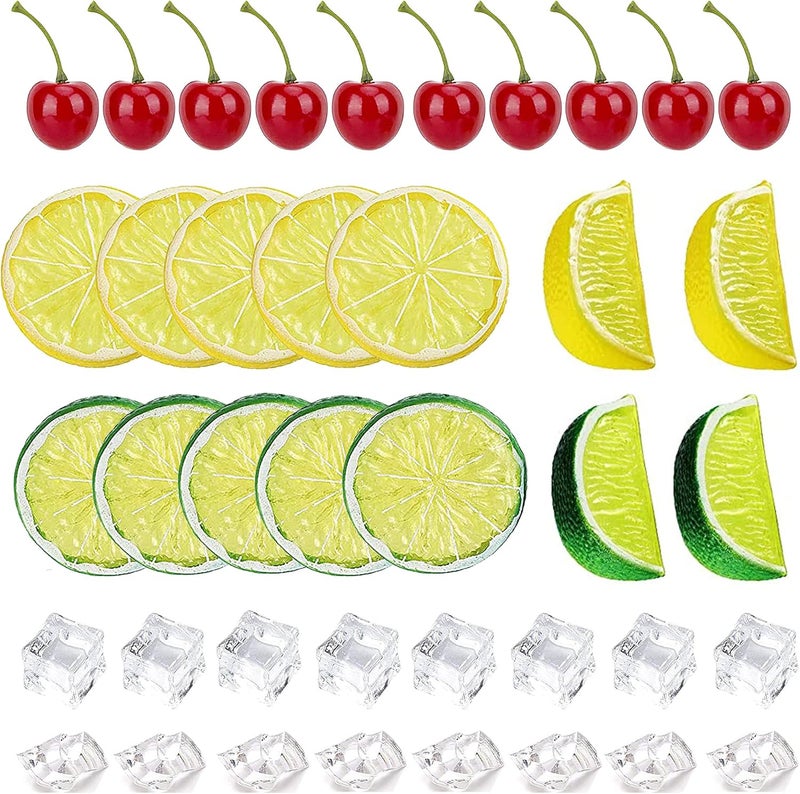 Yuronam 40 Pcs Fake Crushed Ice and Square Ice Rocks,10 Pcs Artificial Fruit Lemon Slices, 4 Pcs Simulation Lemon Blocks and 10 Pcs Lifelike Cherries for Home Kitchen Decoration Photography Prop - Image 1