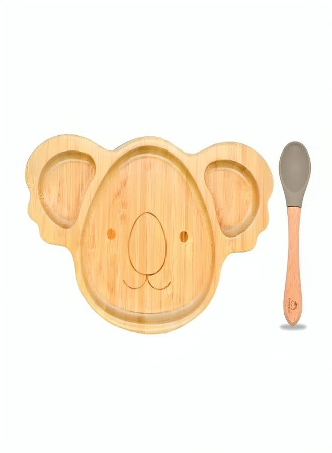 Babylief™ Animal-Shaped Bamboo Plates and Silicone Spoons Combo, Kids Dining Set with Bunny, Koala, Elephant, Paw Design (Animal Print (Koala)) - Image 1