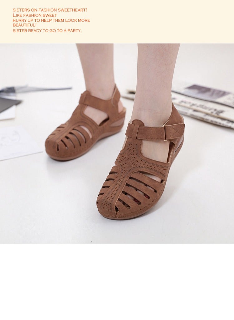 Loquat Retro Summer Sandals Women's Wedge Toe Sandals Brown - Image 1